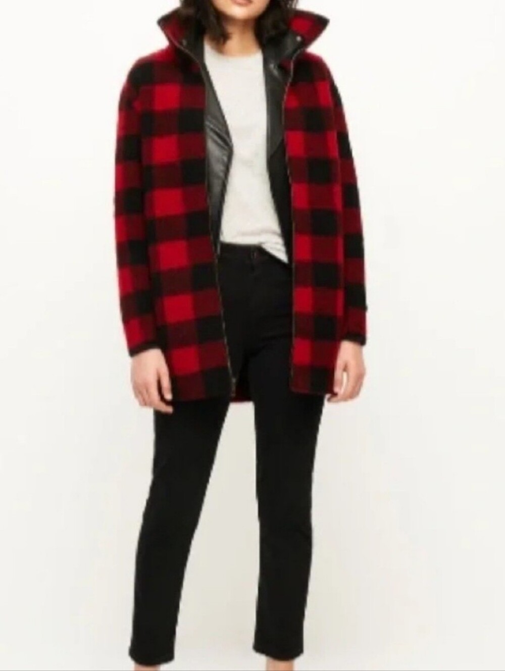Roots Plaid Mock Neck Zip Pea Coat - Red & Black